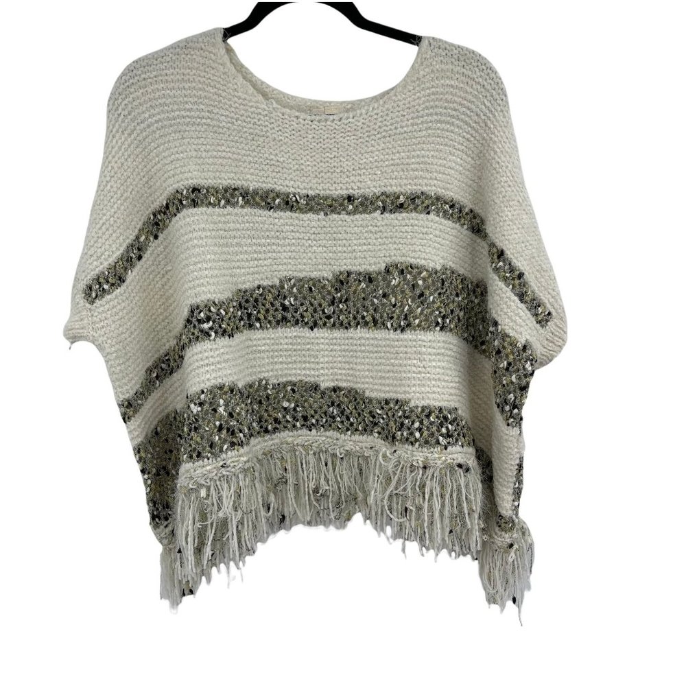 Anthropologie Knit Poncho Sweater Medium Ivory Gold Stripes